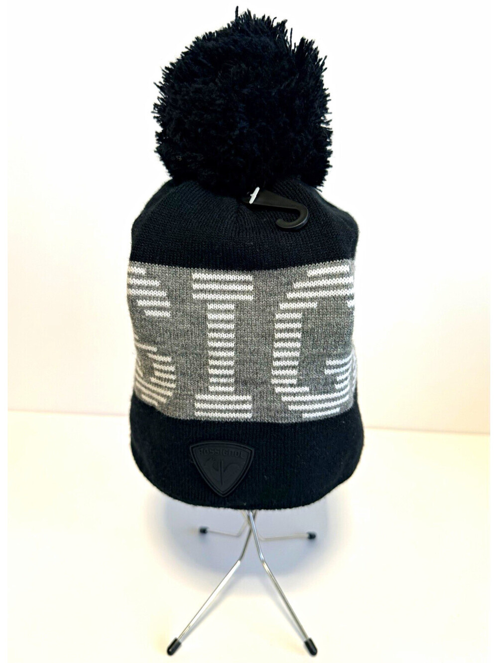 Rossignol Knit Beanie Pom Pom Ski Hat Black Gray White 100% Acrylic